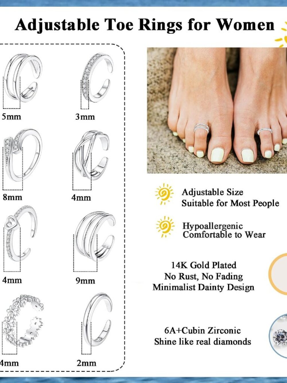 8 Pcs Toe Rings for Women - Picture 3 of 6